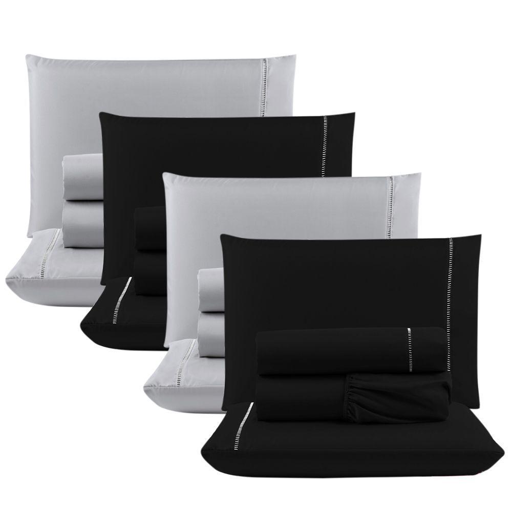 Kit Com 4 Jogos Cama Lençol Casal Padrão Micro Percal 400 Fios Ponto Palito 4 Peças Preto + Cinza - 1
