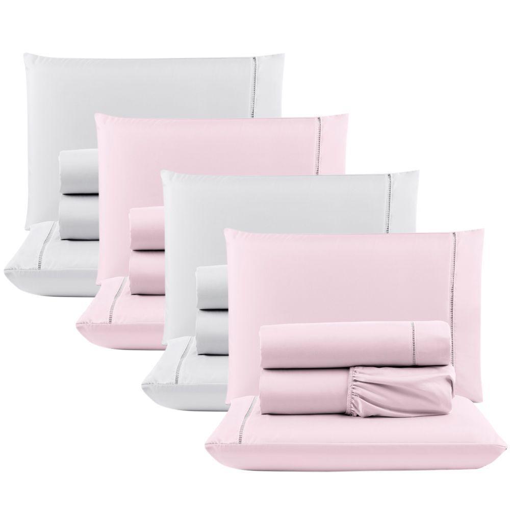 Kit Com 4 Jogos Cama Lençol Casal Padrão Micro Percal 400 Fios Ponto Palito 4 Peças Rosa + Branco - 1