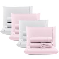 Kit Com 4 Jogos Cama Lençol Casal Padrão Micro Percal 400 Fios Ponto Palito 4 Peças Rosa + Branco - 1