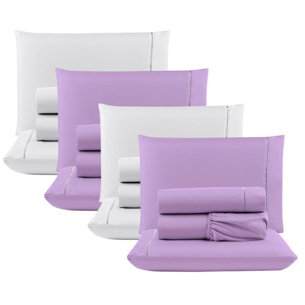 Kit Com 4 Jogos Cama Lençol Casal Padrão Micro Percal 400 Fios Ponto Palito 4 Peças Lilás + Branco - 1