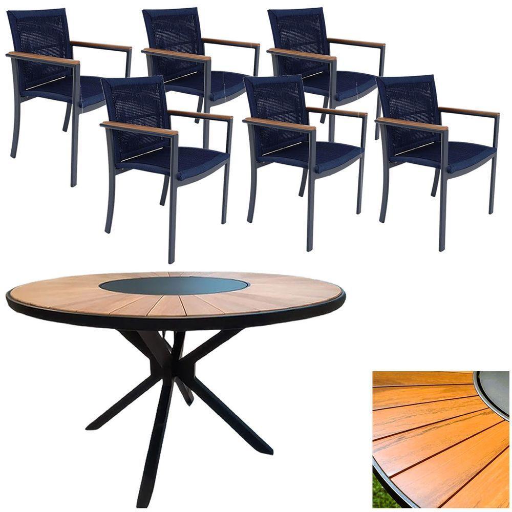 Mesa 1,50m Giratória Zurick De Madeira 6 Poltronas Amélia Corda Náutica De Jantar Azul - 1