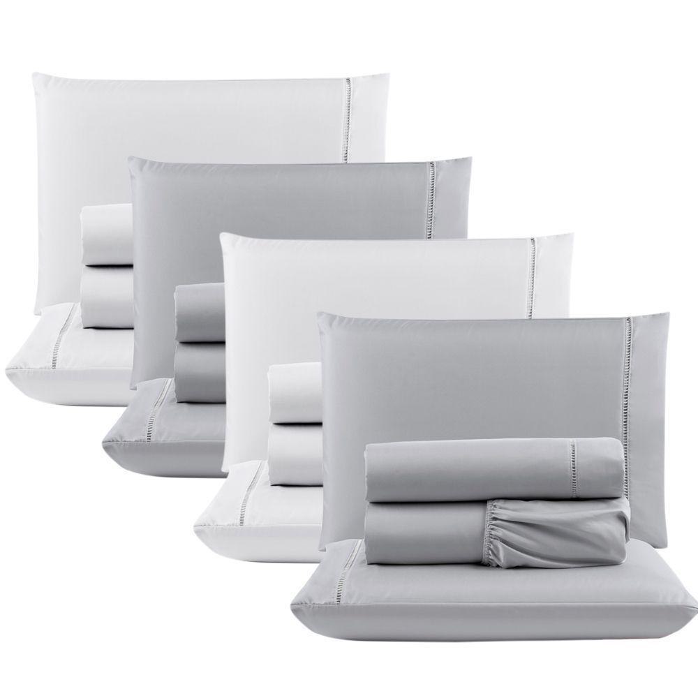 Kit Com 4 Jogos Cama Lençol Casal Padrão Micro Percal 400 Fios Ponto Palito 4 Peças Cinza + Branco - 1