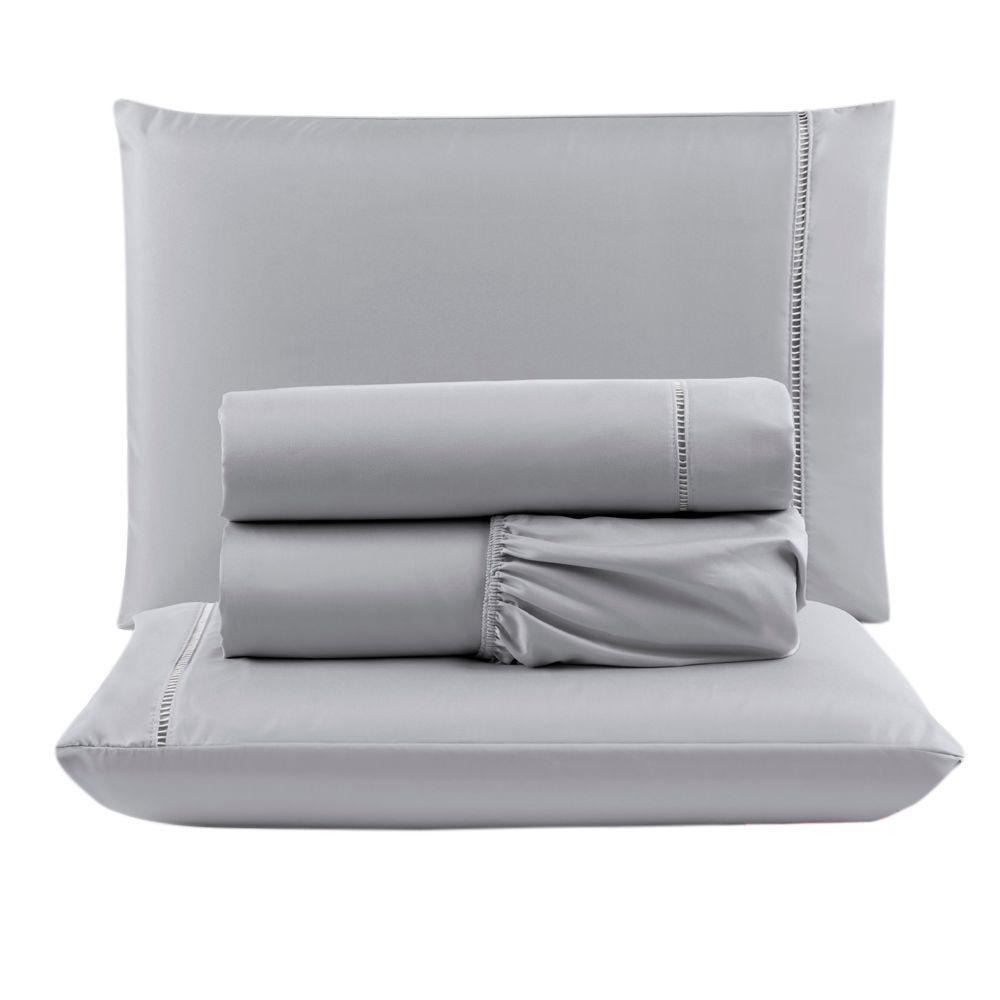 Kit Com 4 Jogos Cama Lençol Casal Padrão Micro Percal 400 Fios Ponto Palito 4 Peças Cinza + Branco - 4