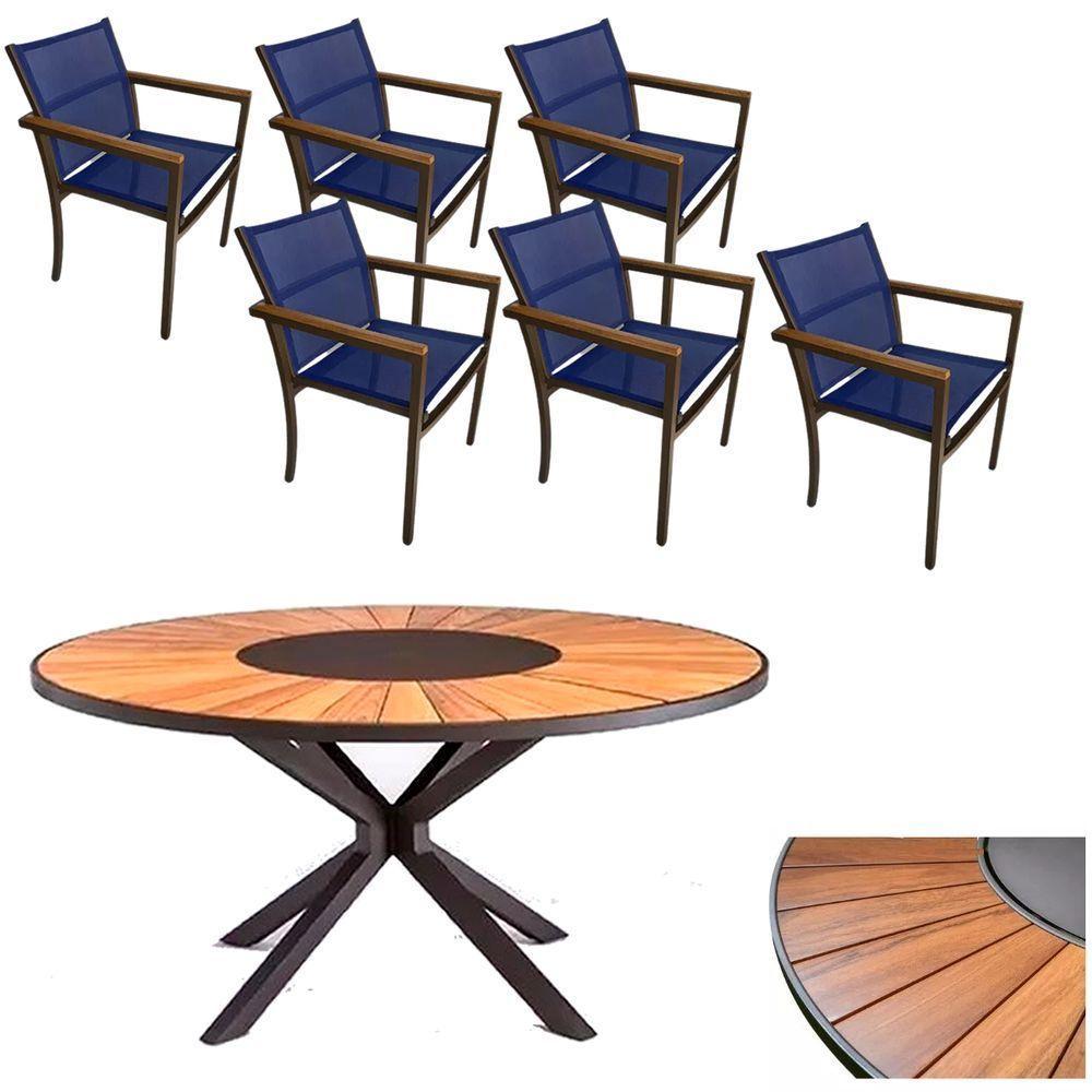 Jogo De Mesa Jantar 1,50m Zurick Madeira Pétalas 6 Cadeiras Amélia Tela Sling E Alumínio Azul - 1