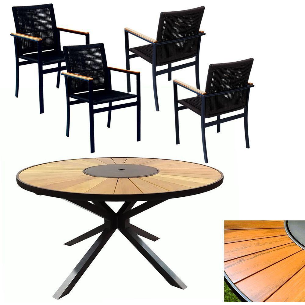 Jogo De Mesa 1,30m Zurick Madeira 4 Poltronas Corda Náutica Jantar Preto - 1