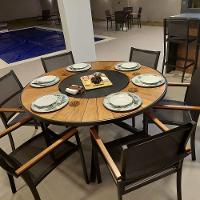 Jogo De Mesa Jantar 1,50m Zurick Madeira Pétalas 6 Cadeiras Amélia Tela Sling E Alumínio Preto - 6