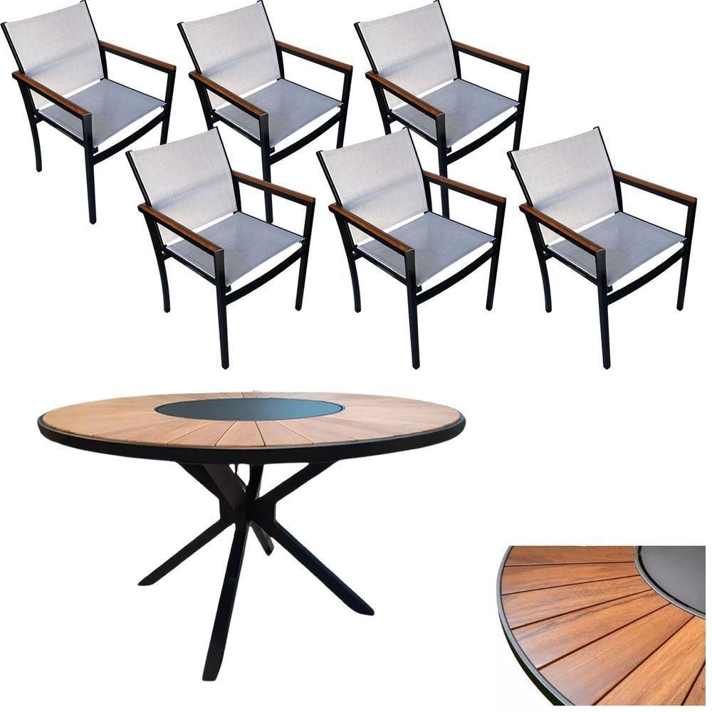 Jogo De Mesa Jantar 1,50m Zurick Madeira Pétalas 6 Cadeiras Amélia Tela Sling E Alumínio Branco - 1