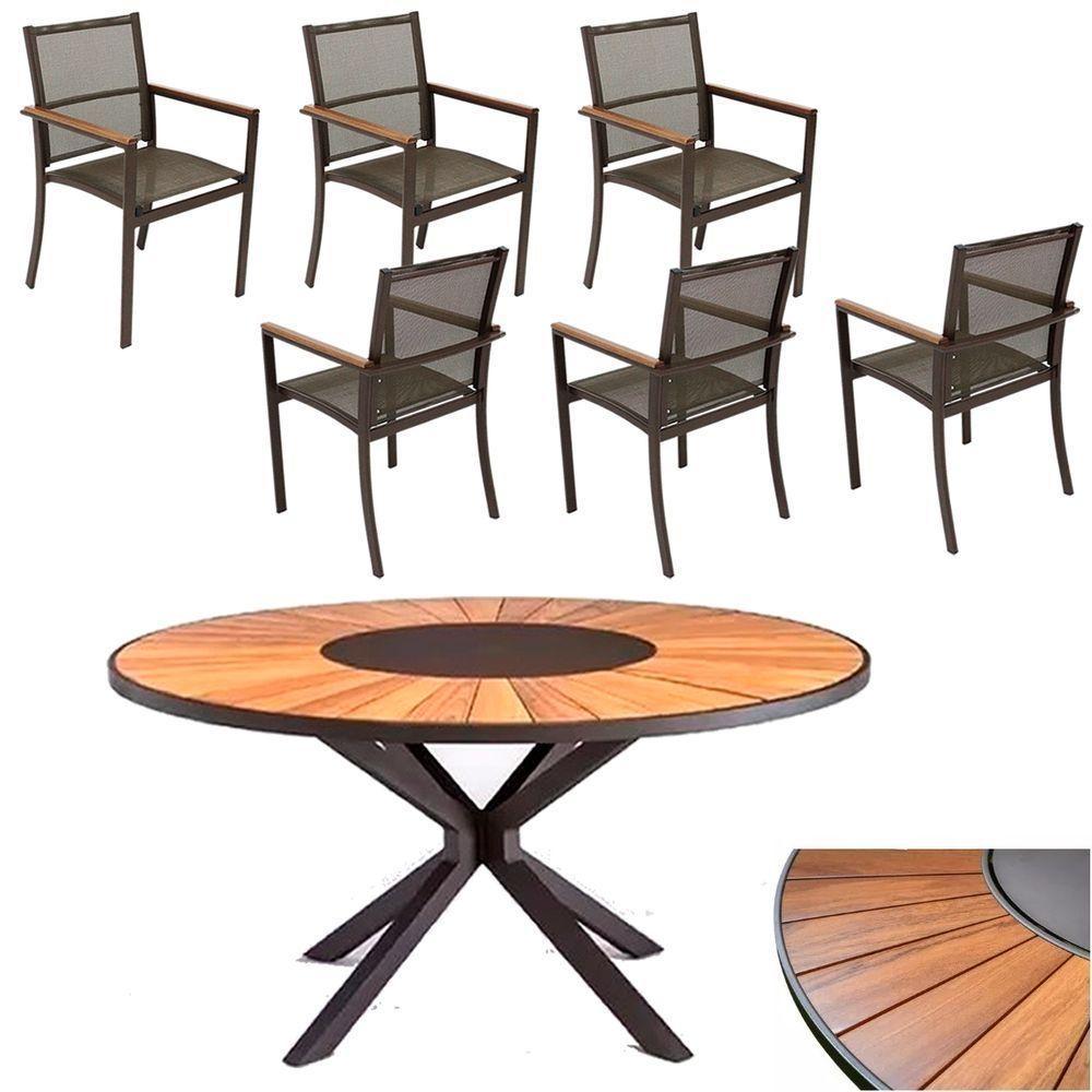 Jogo De Mesa Jantar 1,50m Zurick Madeira Pétalas 6 Cadeiras Amélia Tela Sling E Alumínio Marrom - 1