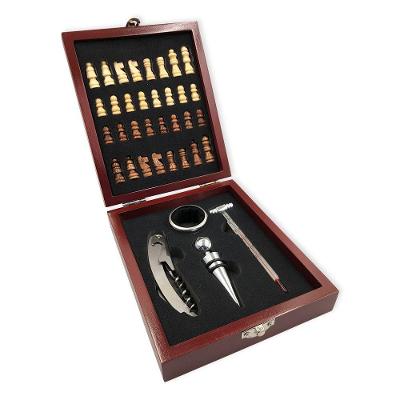 Kit Abridor De Vinho Com Jogo De Xadrez Em Caixa De Madeira