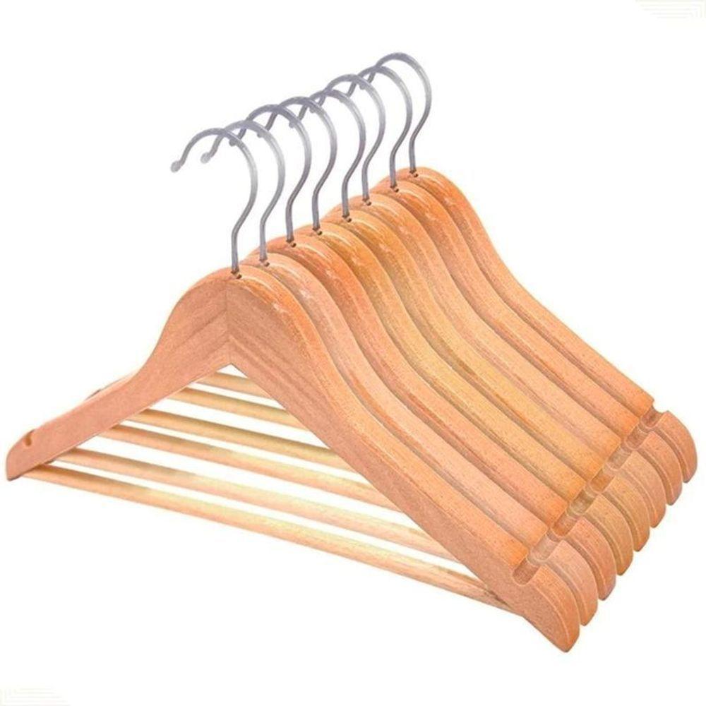 Kit 9 Cabides Madeira Envernizado Barra Calça Gancho Cromado - 1