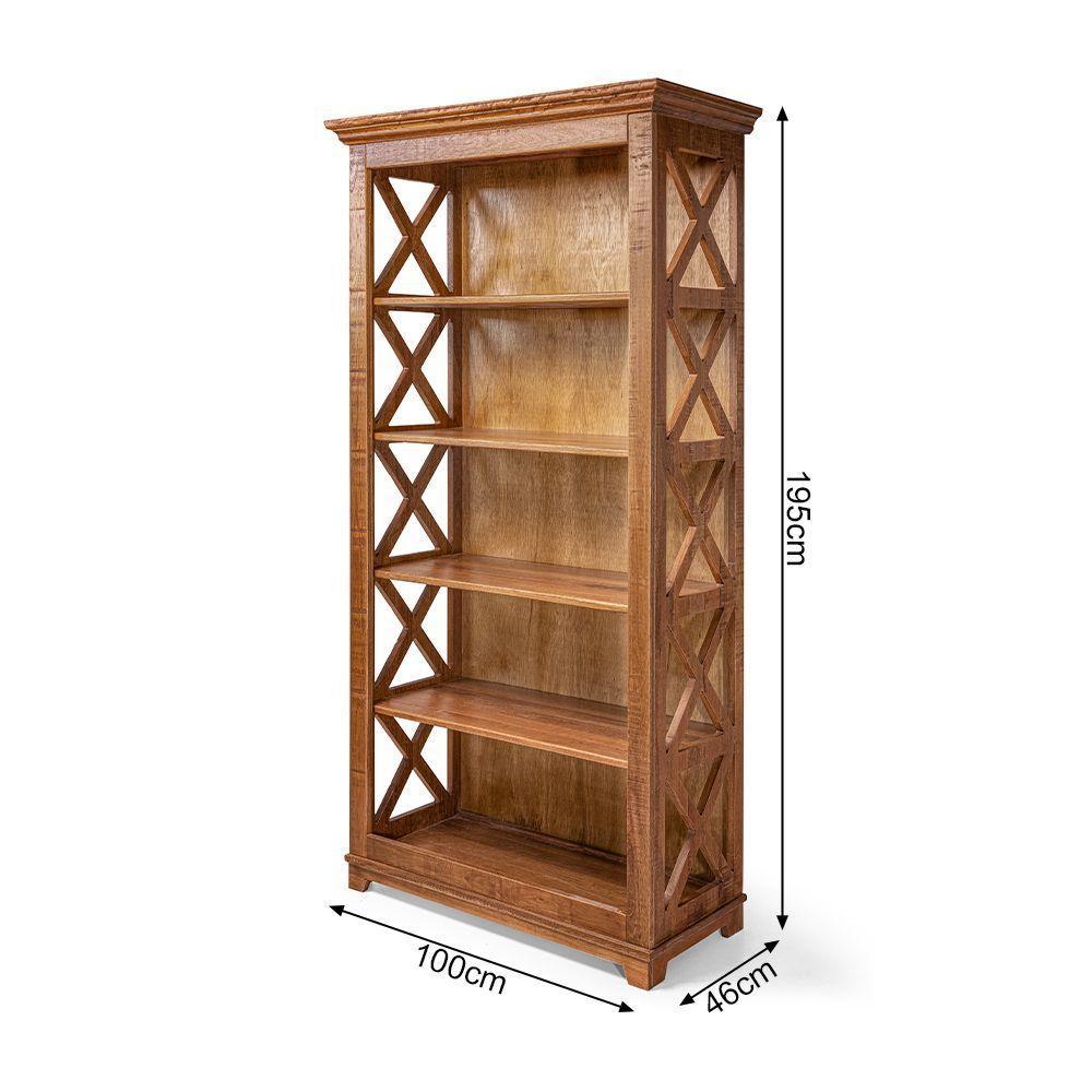 Livreiro Estante Rústica Com Prateleiras Detalhe X Em Madeira Maciça - Natural - Bege - 2