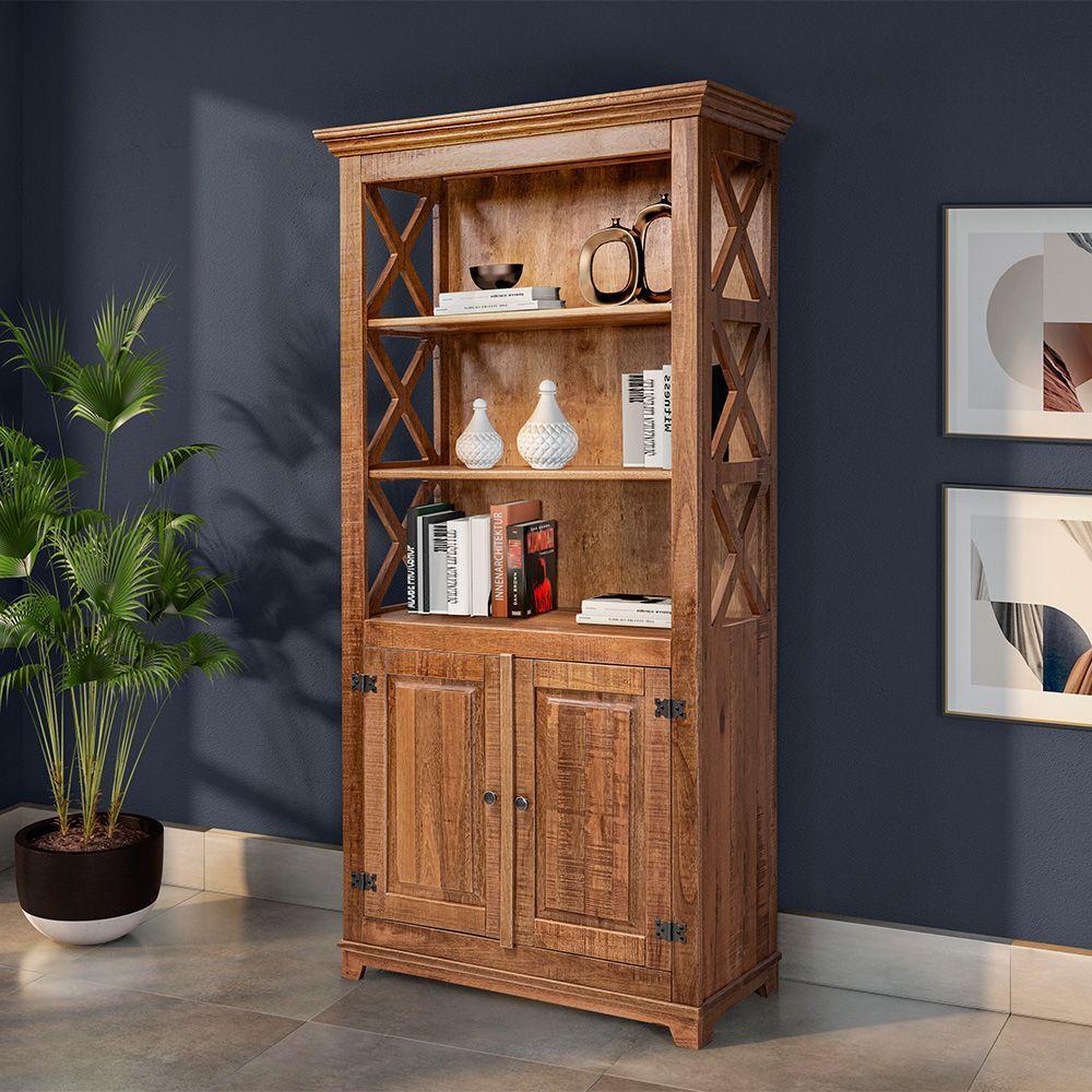 Livreiro Estante Rústica Com Prateleiras Detalhe X Em Madeira Maciça Com 2 Portas - Natural - Bege - 1