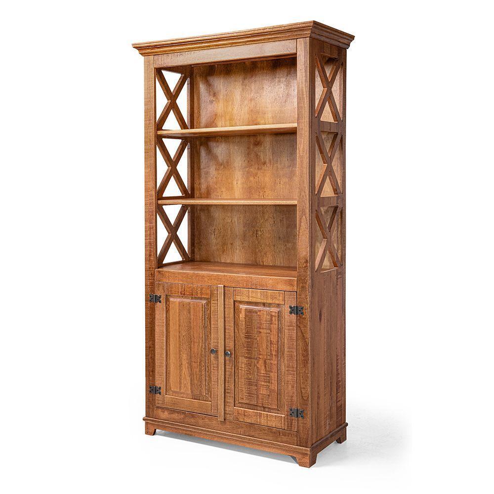 Livreiro Estante Rústica Com Prateleiras Detalhe X Em Madeira Maciça Com 2 Portas - Natural - Bege - 2