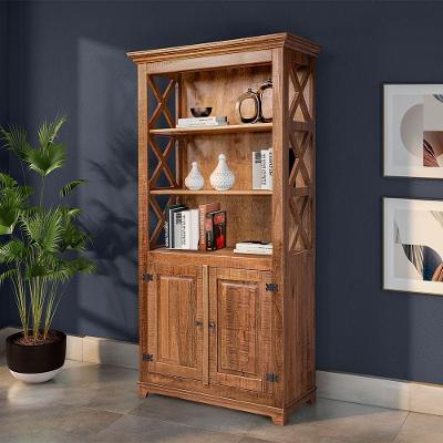 Livreiro Estante Rústica Com Prateleiras Detalhe X Em Madeira Maciça Com 2 Portas - Natural - Bege