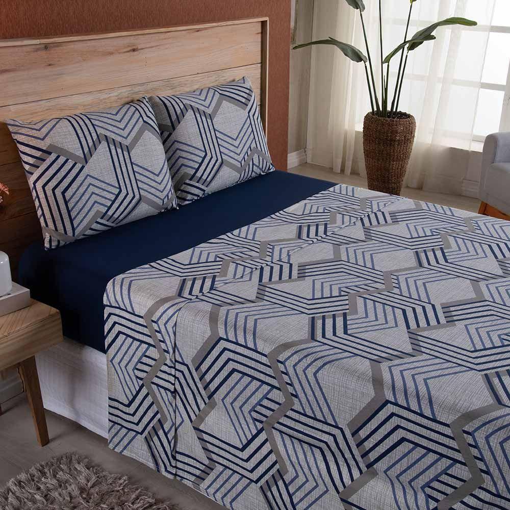 Jogo De Lençol Dallas Soft King 4 Peças Malha 100% Algodão - Azul Marinho Geométrico - 1
