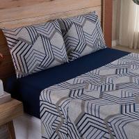 Jogo De Lençol Dallas Soft King 4 Peças Malha 100% Algodão - Azul Marinho Geométrico - 2