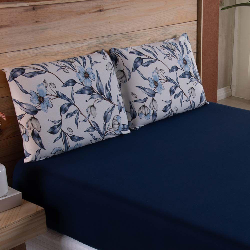 Jogo De Lençol Dallas Soft King 3 Peças Malha 100% Algodão - Azul Marinho Floral - 2