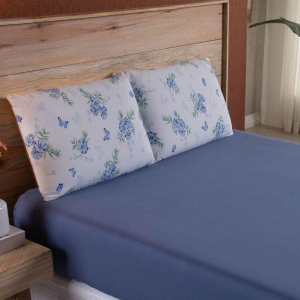 Jogo De Lençol Dallas Soft Queen 3 Peças Malha 100% Algodão - Azul Floral - 2