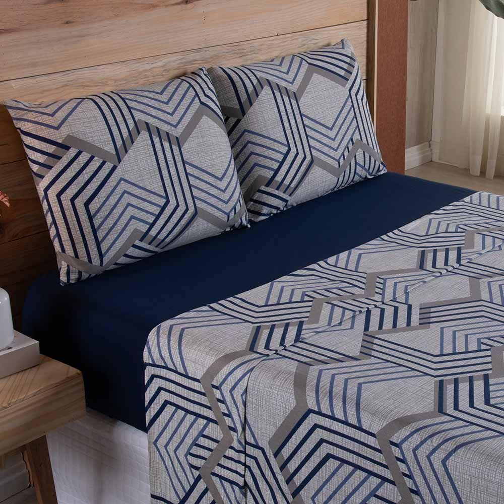 Jogo De Lençol Dallas Soft Casal 4 Peças Malha 100% Algodão - Azul Marinho Geométrico - 2
