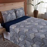 Jogo De Lençol Dallas Soft Casal 4 Peças Malha 100% Algodão - Azul Marinho Geométrico - 1