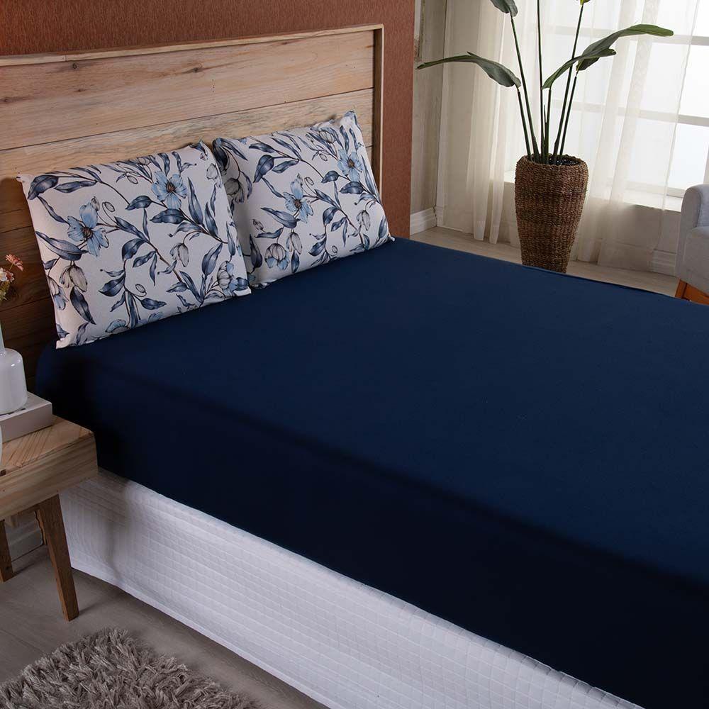 Jogo De Lençol Dallas Soft Queen 3 Peças Malha 100% Algodão - Azul Marinho Floral - 1