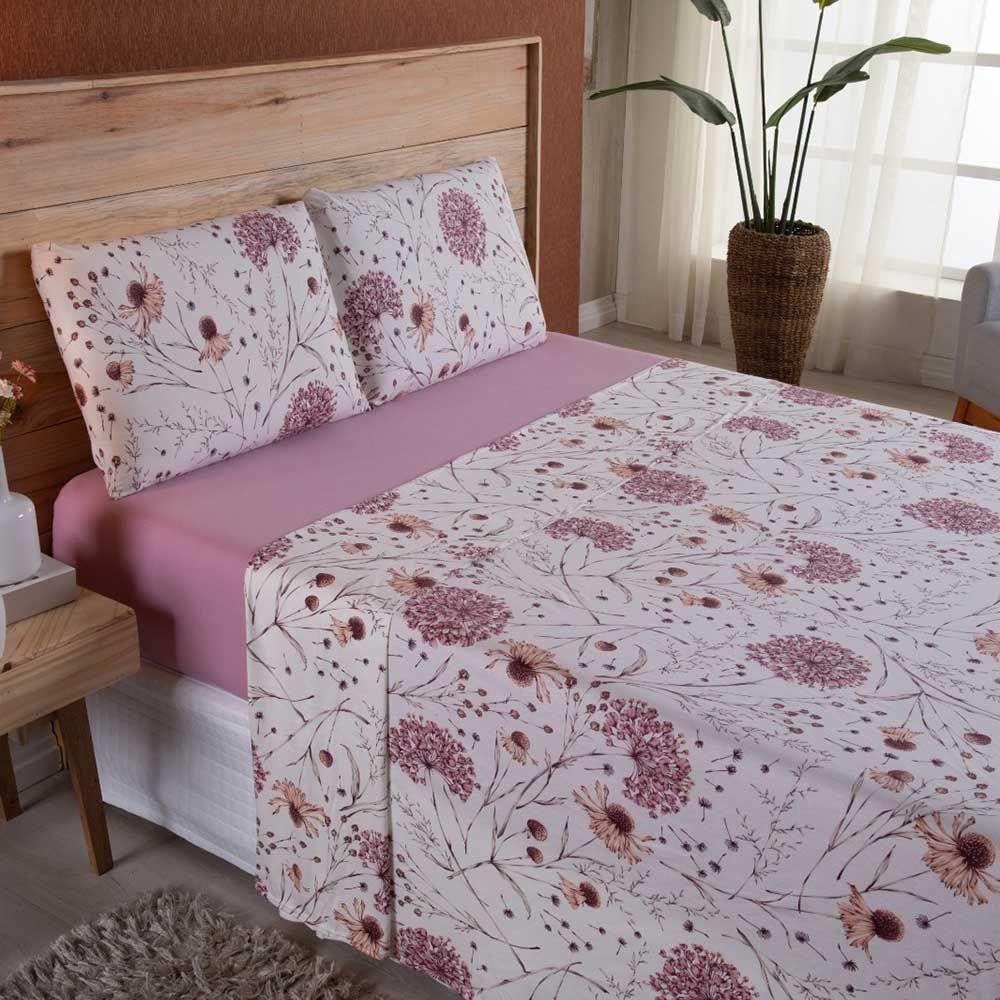 Jogo De Lençol Dallas Soft Queen 4 Peças Malha 100% Algodão - Rosa Floral - 1