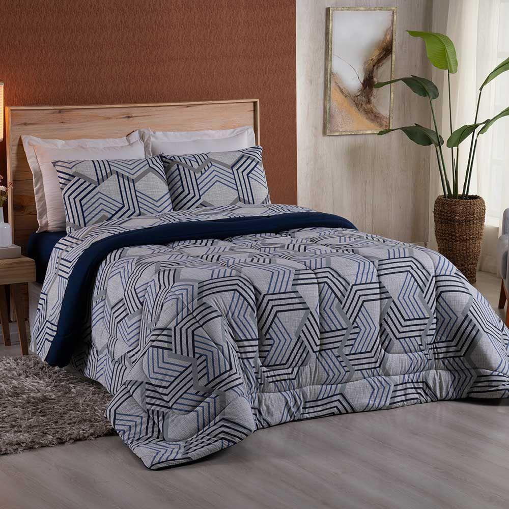 Edredom Queen Dallas Soft Malha 100% Algodão Dupla Face 01 Peça - Azul Marinho Geométrico - 1