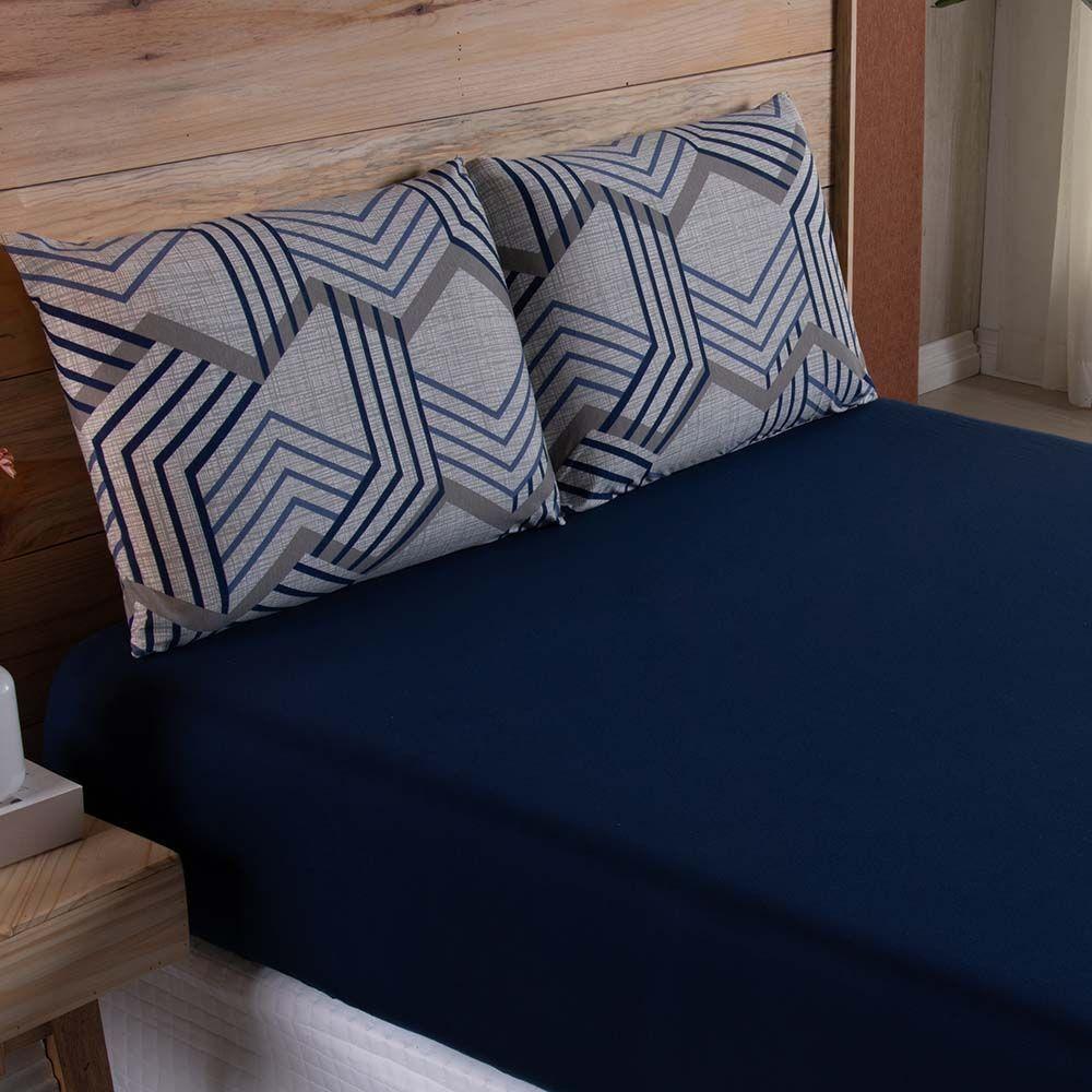 Jogo De Lençol Dallas Soft Queen 3 Peças Malha 100% Algodão - Azul Marinho Geométrico - 2