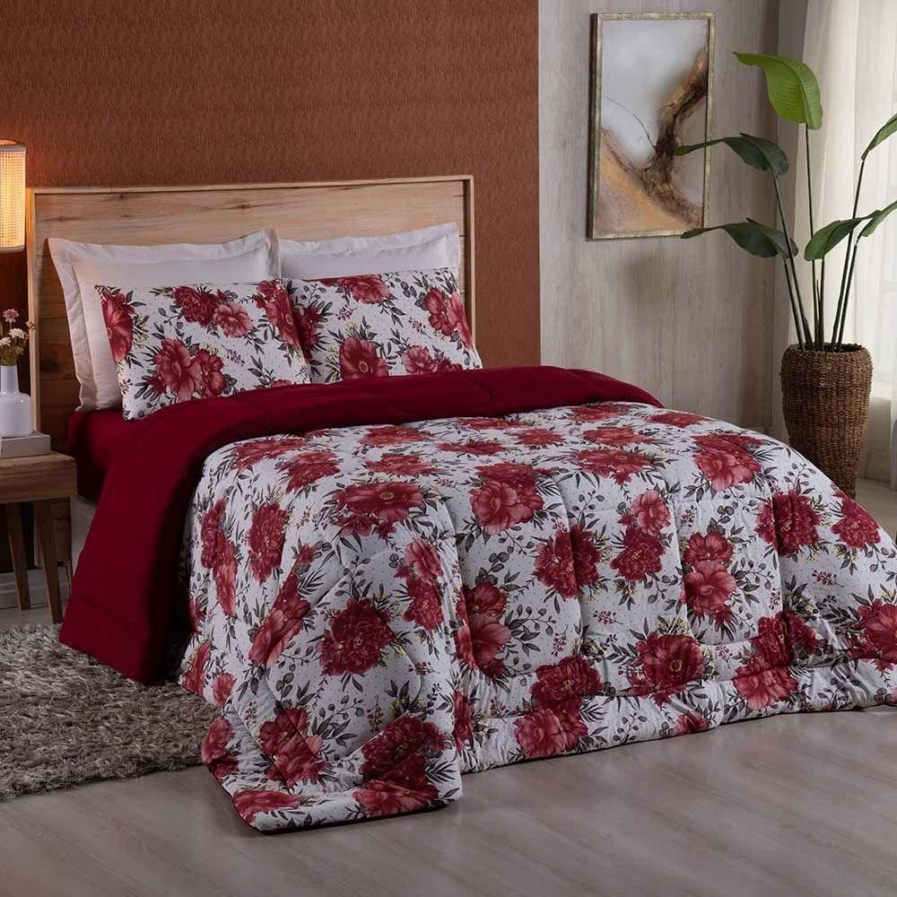 Edredom King Dallas Soft Malha 100% Algodão Dupla Face 01 Peça - Floral Vermelho - 1