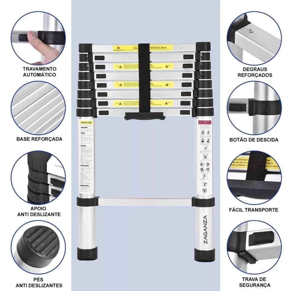 Escada Telescopica Extensiva Aço Inoxidável 13 Degraus 3,8m Cinza - 2