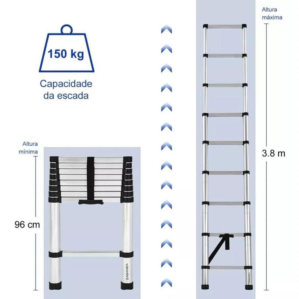 Escada Telescopica Extensiva Aço Inoxidável 13 Degraus 3,8m Cinza - 5