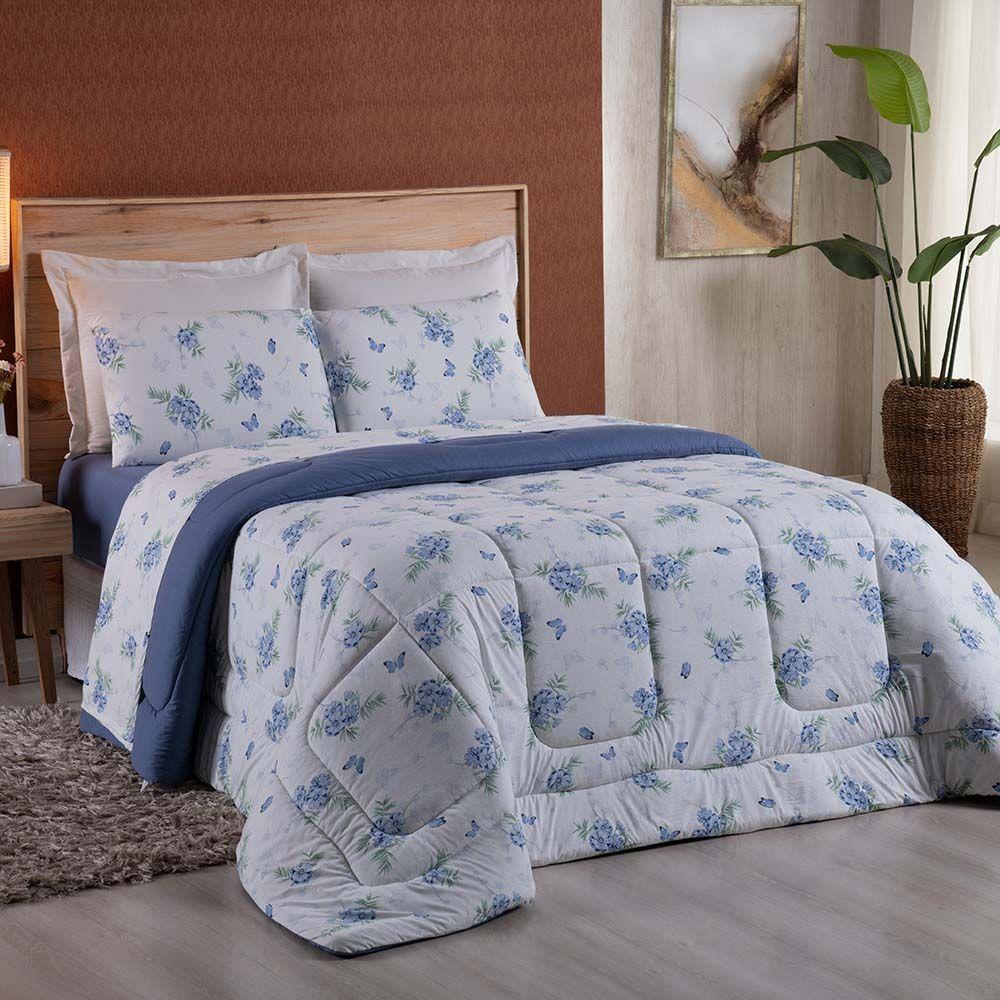 Edredom Queen Dallas Soft Malha 100% Algodão Dupla Face 01 Peça - Azul Floral - 1