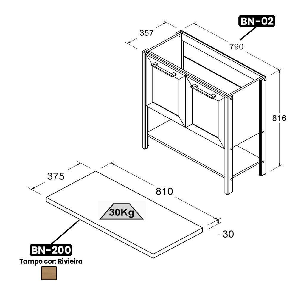 Gabinete Banheiro Com Tampo 2 Portas 79 Cm Bn02 Cinza Dtall - 4