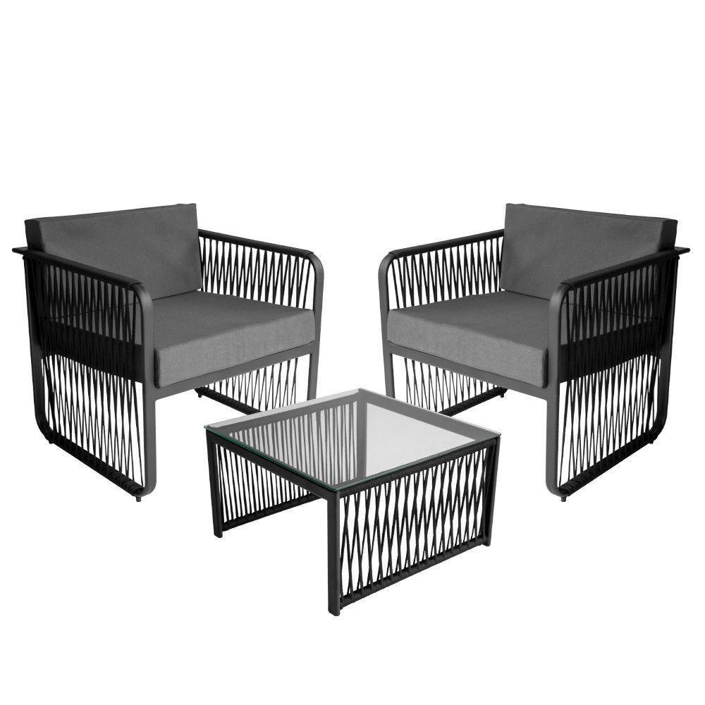 Conjunto 2 Poltronas E Mesa Centro Corda Náutica Santiago Preto-cinza - 1