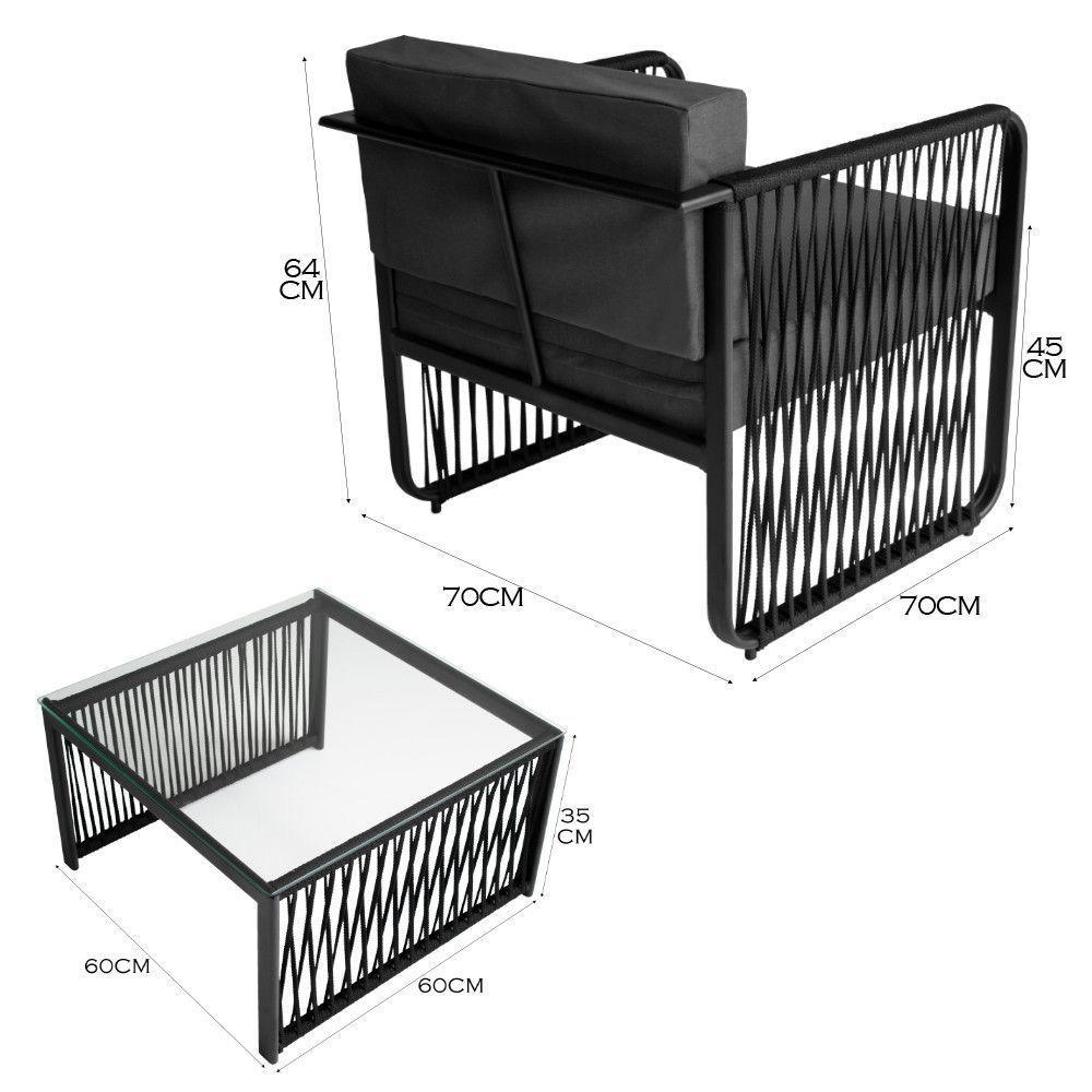 Conjunto 2 Poltronas E Mesa Centro Corda Náutica Santiago Preto-cinza - 2