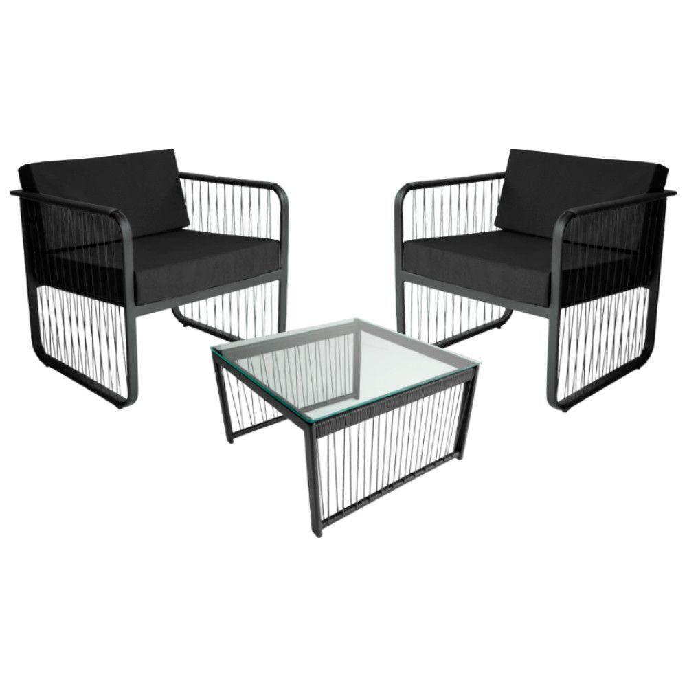 Conjunto 2 Poltronas E Mesa Centro Fibra Sintética Santiago Preto-preto - 1
