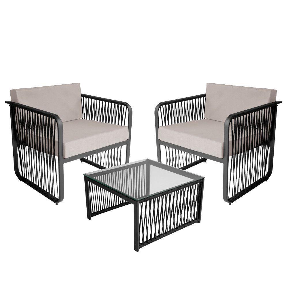 Conjunto 2 Poltronas E Mesa Centro Corda Náutica Santiago Preto-branco - 1