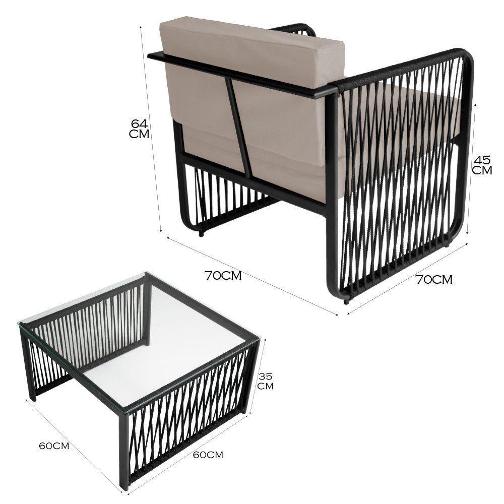 Conjunto 2 Poltronas E Mesa Centro Corda Náutica Santiago Preto-branco - 2