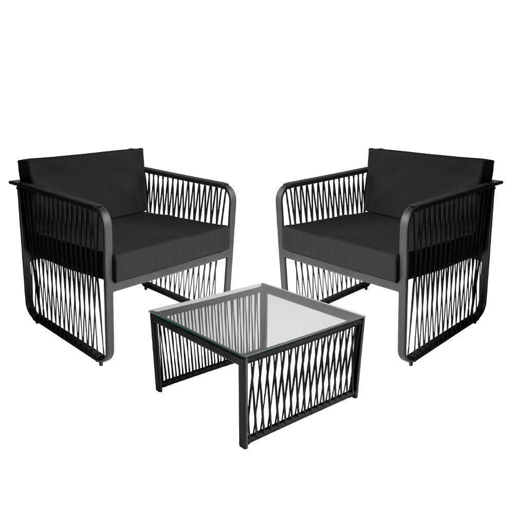 Conjunto 2 Poltronas E Mesa Centro Corda Náutica Santiago Preto-preto - 1