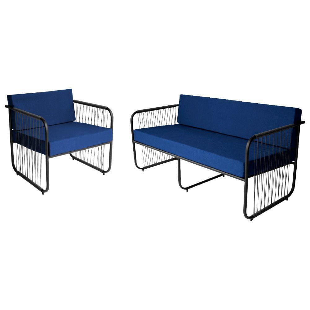 Conjunto 1 Poltronas E Namoradeira Fibra Sintética Córdova Preto-azul - 1