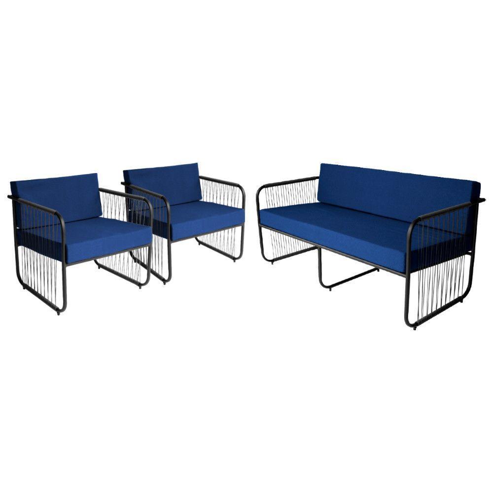 Conjunto 2 Poltronas E Namoradeira Fibra Sintética Córdova Preto-azul - 1