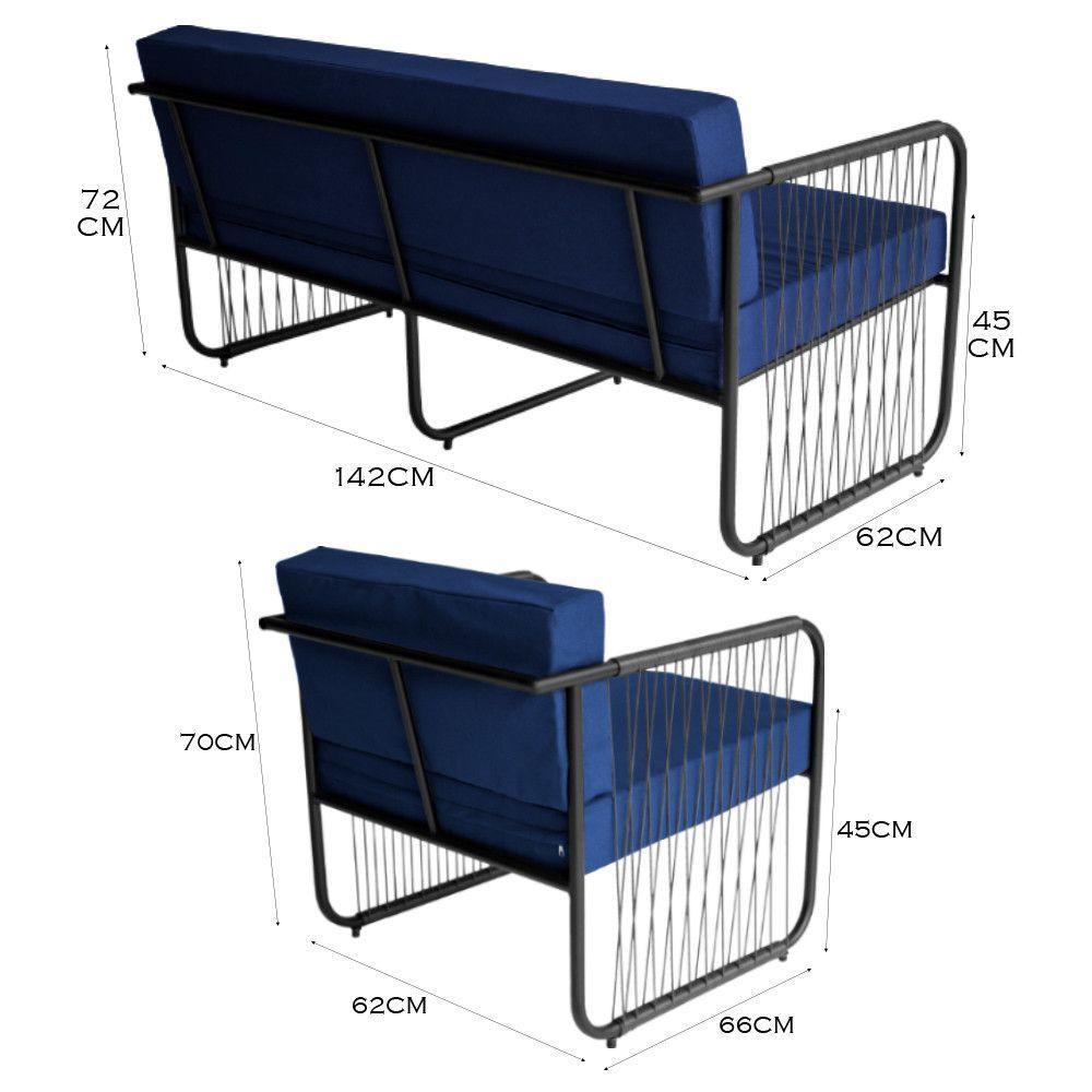 Conjunto 2 Poltronas E Namoradeira Fibra Sintética Córdova Preto-azul - 2