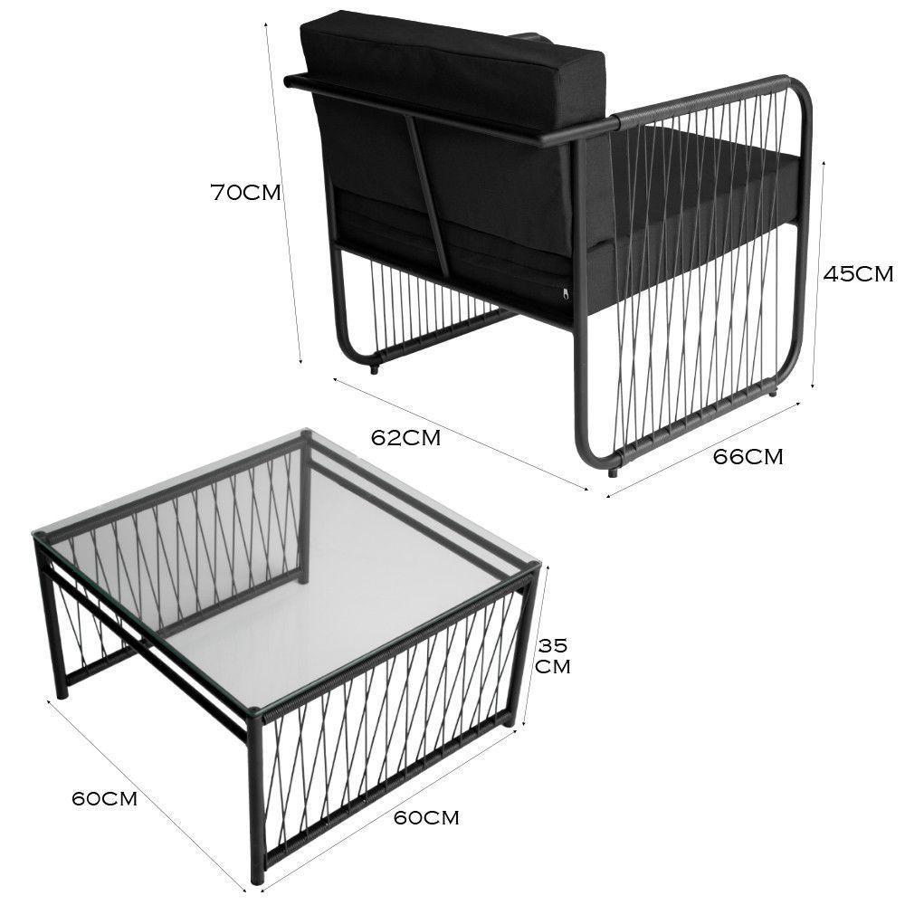 Conjunto 2 Poltronas E Mesa Centro Fibra Sintética Córdova Preto-preto - 4