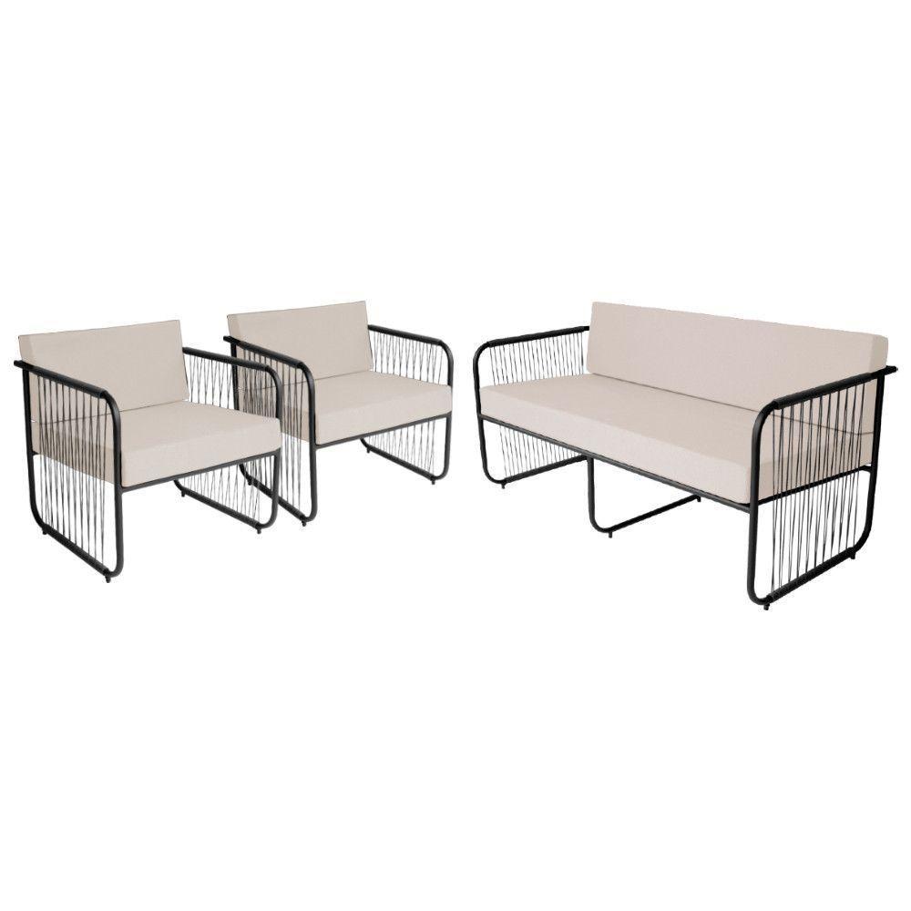 Conjunto 2 Poltronas E Namoradeira Fibra Sintética Córdova Preto-branco - 1