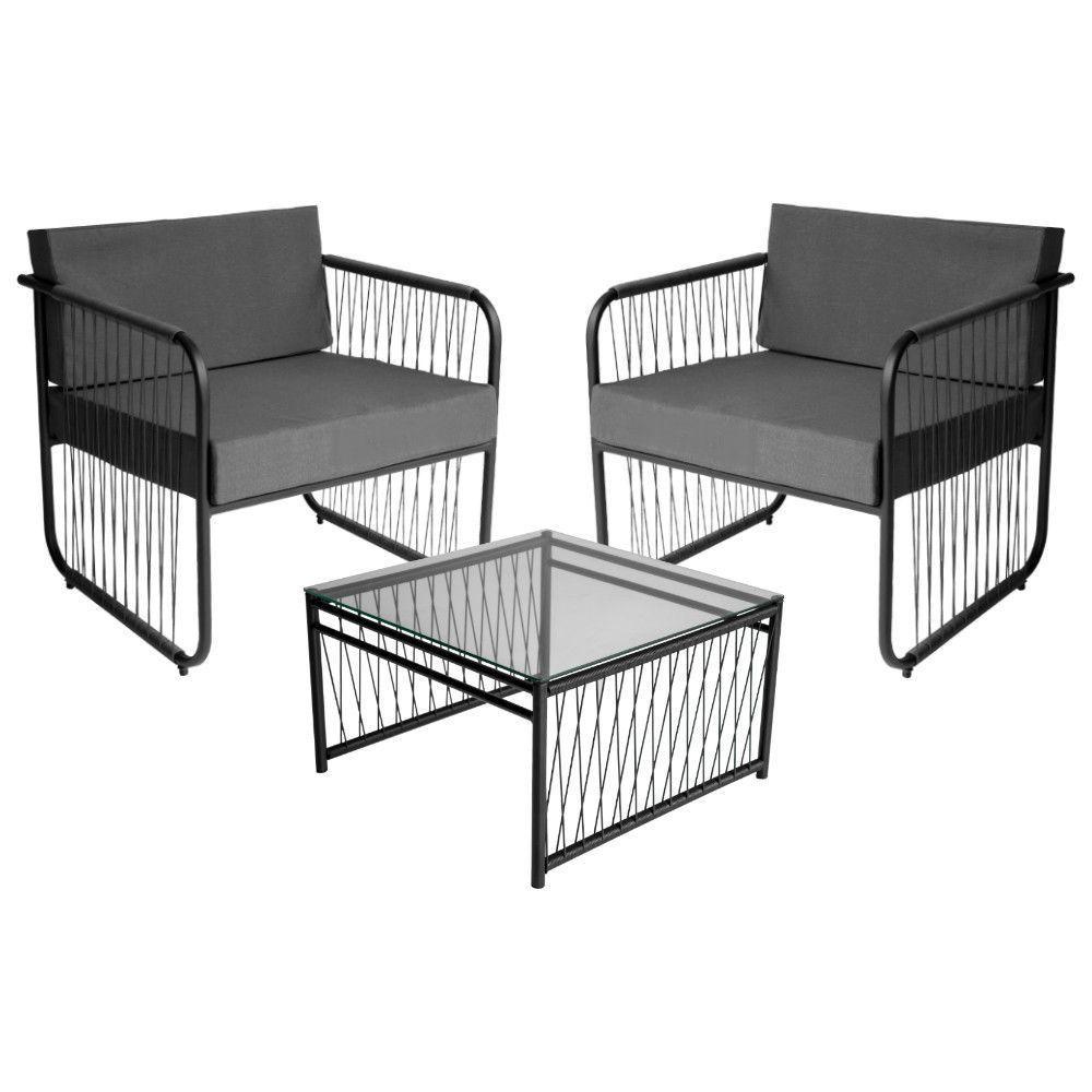 Conjunto 2 Poltronas E Mesa Centro Fibra Sintética Córdova Preto-cinza - 1