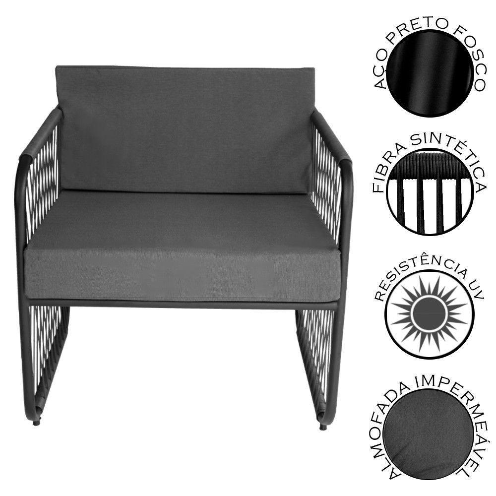 Conjunto 2 Poltronas E Mesa Centro Fibra Sintética Córdova Preto-cinza - 2