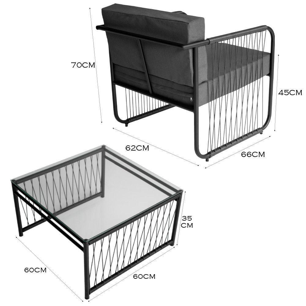 Conjunto 2 Poltronas E Mesa Centro Fibra Sintética Córdova Preto-cinza - 4