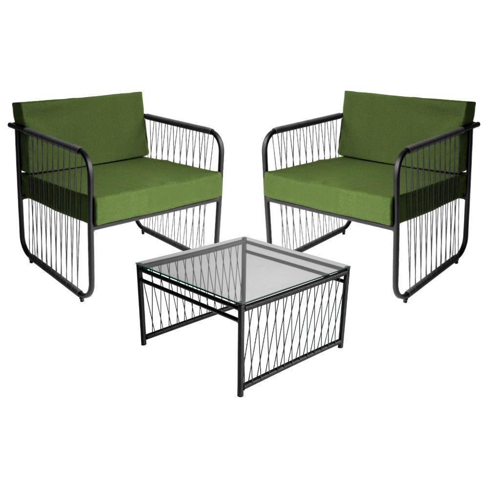 Conjunto 2 Poltronas E Mesa Centro Fibra Sintética Córdova Preto-verde - 1