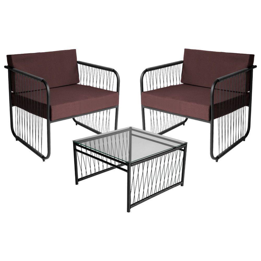 Conjunto 2 Poltronas E Mesa Centro Fibra Sintética Córdova Preto-marrom - 1