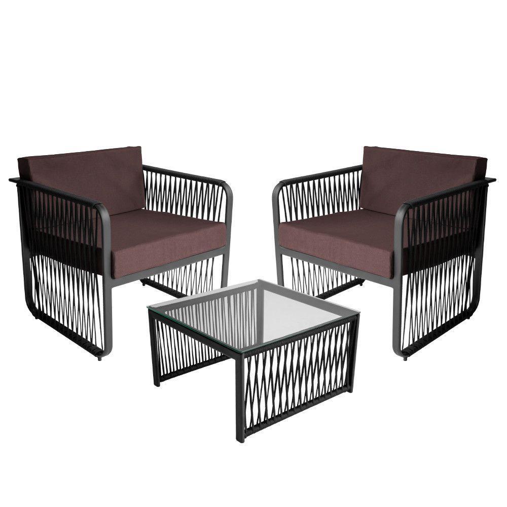 Conjunto 2 Poltronas E Mesa Centro Corda Náutica Santiago Preto-marrom - 1